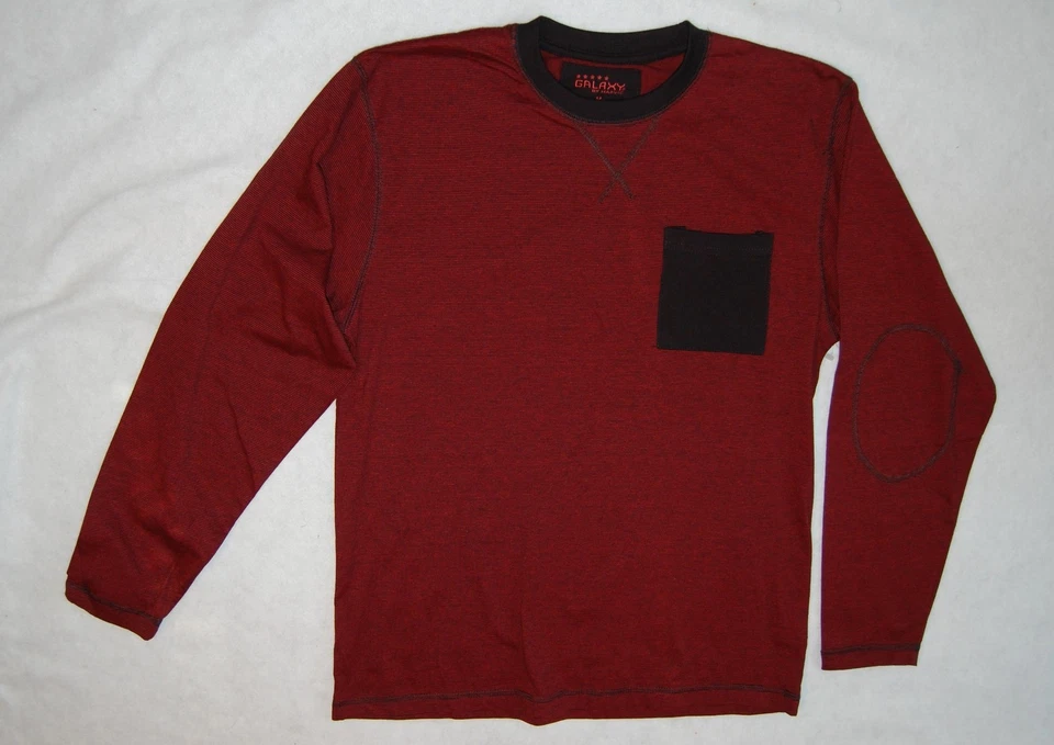 MENS Long Sleeve Shirt BURGUNDY Thin Black Stripe M 32-34 POCKET - Image 1 of 1