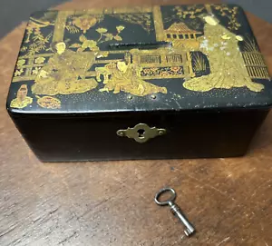 Asian Black & Gold Lacquer Wood Chinoiserie Money Box w/Key Vintage/Antique? - Picture 1 of 14