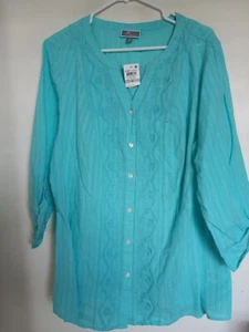 JM Collection Top Donna 1X Tunica Acqua Ricamata Manica 3/4 Scollo a V NUOVO - Foto 1 di 3