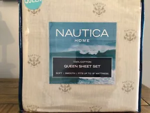 Nautica Beige Pinstripe 100% Cotton QUEEN Sheet Set - Picture 1 of 4