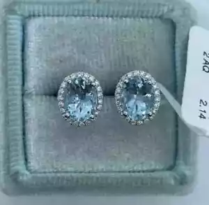 1.90Ct Oval Cut Lab-Created Aquamarine Halo Stud Earrings 14K White Gold Plated - Picture 1 of 7