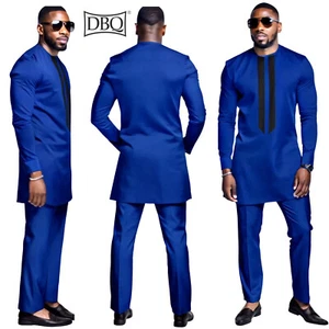 African Men's Formal Clothes Shirt and Pant 2 Piece Suit Traditional Long Sleeve - Picture 1 of 18
