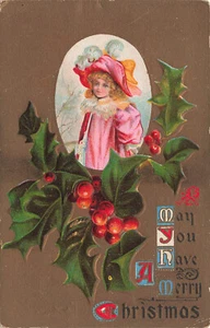 HERMOSA POSTAL NAVIDAD ANTIGUA NIÑA EN ROSA Y ACEBO 1911 120323 S - Imagen 1 de 2