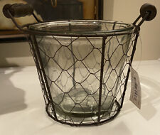 RUSTIC PRIMITIVE CHICKEN WIRE BASKET WITH HEAVY GLASS INSERT / POT