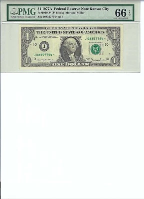 1977 $1 FRN FR1910-J* PMG 66 EPQ, Kansas City * Note S/N J08357794*!!! - Image 1 of 2
