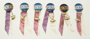 lot of 6 vtg 1940s/50s DUKE BLUE DEVILS football pin back buttons ribbons charms - Picture 1 of 12