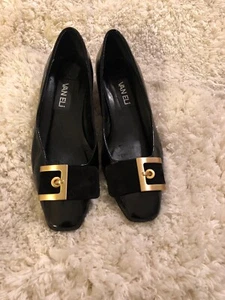 VANELI Black Eel-Skin Leather Shoes with Gold and Suede Buckle Size 6.5 Wide - Picture 1 of 8