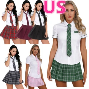 Women's School Girls Uniform Shirts with Plaid Skirts and Tie Cosplay Costume - Picture 1 of 77