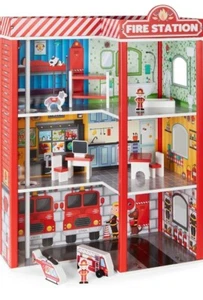 Kids 3-Story Pretend Wooden Fire Station Play Set Toy, w/ Vehicles, Accessories - Picture 1 of 5