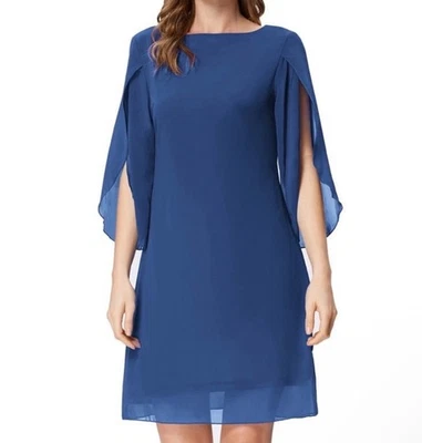 Grace Karin Women XL Blue Elegant 3/4 Slit Sleeve Loose Chiffon Party Midi Dress - Image 1 of 4
