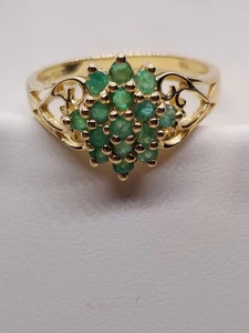 14Kt Yellow Gold 15 Emerald Cluster Heart Filigree sides Dome Cocktail Ring Sz9 - Picture 1 of 20