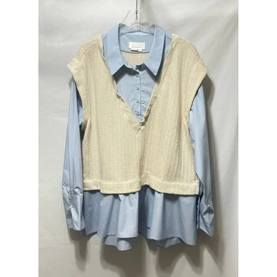 Anthropologie Mujer XL Azul Camisa Abotonada Crema Tejido Suéter Chaleco - Una Pieza Foto 1 de 4
