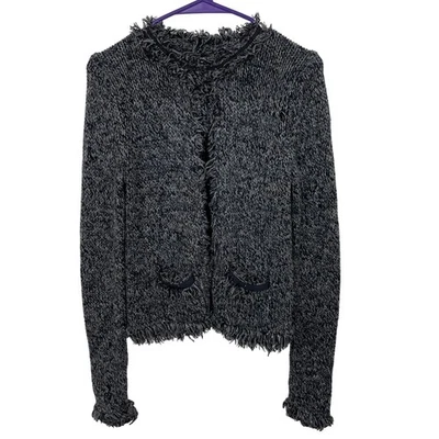 Cárdigan suéter tejido con flecos Express gris plata brillante pequeño S Foto 1 de 4