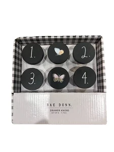 Rae Dunn Schubladenknöpfe 6er Set Schwarz Holz Rund Schmetterling 1 2 3 4 Landhaus Neu - Bild 1 von 2