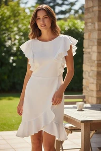 Selfie Leslie NWT New Frill Dress White Medium Mini Length Ruffle Ruffle B7 Nice - Picture 1 of 8