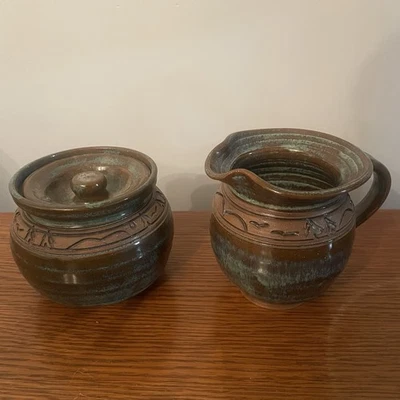 "Crema de cerámica y frascos de azúcar hechos a mano de 4"" esmalte marrón verde mar" Foto 1 de 4