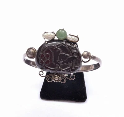 中国银色珍珠樱桃琥珀电木 Faturan 雕刻手镯手链鸟 M — 第 1/4 张图片