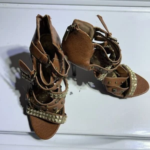 Anne Mitchell Brown Synthetic Snake Print W/ Rhinestones Gladiator Heels Size 10 - Picture 1 of 10