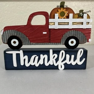 Wooden Thankful Table Top Sign Farmhouse Harvest Decor Truck Fall Pumkins Autumn - Picture 1 of 13
