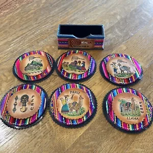 PERUANISCHER GETRÄNK UNTERSETZER & HALTER Stoff Leder Bunt 6er SET Peru Quechua - Bild 1 von 9