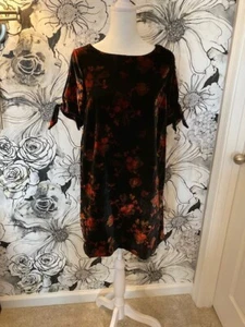 ANN TAYLOR LOFT Women's dress Black Velvety w/ Red Pink Flowers SIZE XXS - Picture 1 of 6