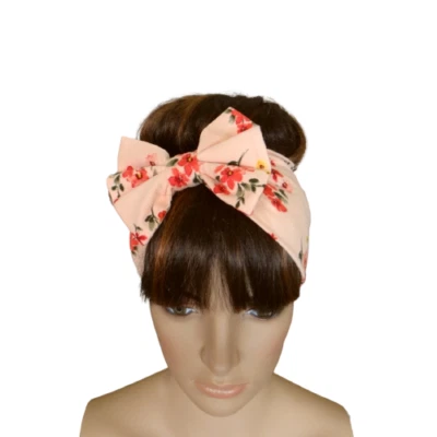 Peach And Red Flower Hairband. Floral Headband. Printed Head Wrap.  Hair Wrap. - Image 1 of 2