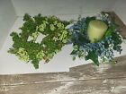 Set Of 2 Faux Flowers Ivy Berries Candle Ring Centerpieces Blue Green