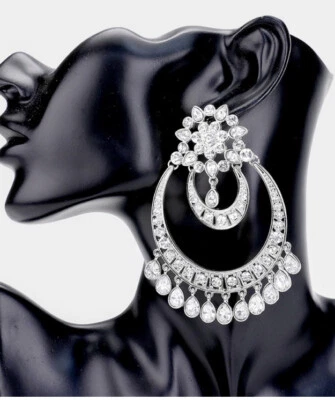 Enormes Pendientes de Plata Blanco Transparente Estrás Nupcial Marquesa Desfile Cristal Foto 1 de 2