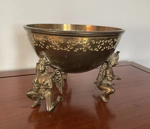 Rare, Unique Vintage Thai Style Footed Brass Bowl With Goddess Figurines - Picture 1 of 8