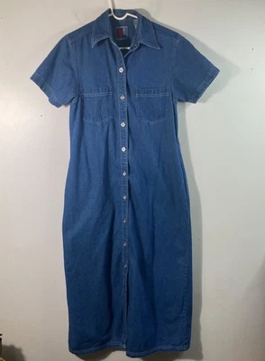Womens Vintage Sun Belt Denim Button Maxi Dress Short Sleeve S Cotton Pockets - Image 1 of 4