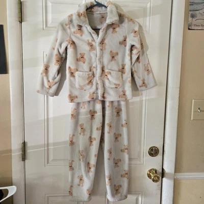 Fuzzy Warm Kids Pajamas 2 Piece Set Size 7y Teddy Bear Cream Comfy Sleepwear  - Image 1 of 4
