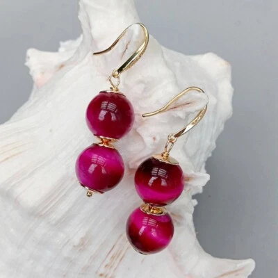 Pendientes colgantes ojo de tigre natural de 2" color fucsia para mujer Foto 1 de 4
