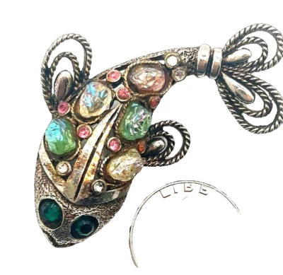 РЕДКАЯ винтажная фигурная брошь Hollycraft с плавающей рыбой лавовыми камнями и стразами - Изображение 1 из 3