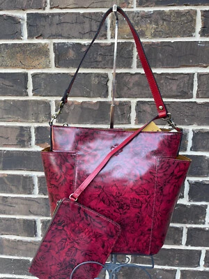 NWT $299 Patricia Nash Etched Roses Leather Shoulder Tote Detachable Pouch red - Image 1 of 4