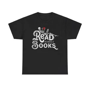 Read Banned Books Skeleton Book Reader Tee Shirt T-Shirt - Picture 1 of 17