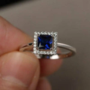 1.3ct Princess Blue Sapphire Halo Solitaire Engagement Ring White Gold Finish - Picture 1 of 7