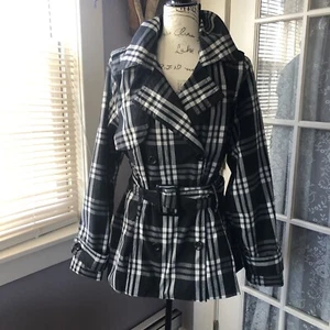 Joujou Royale Black and White Plaid Belted Trench Coat Sz L/XL - Picture 1 of 10