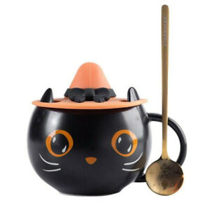 Starbucks MUGS Black Cat W/ Cap Lid Black Spoon Coaster Hallowmas Coffee Mug Cup