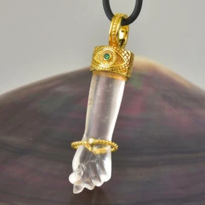 Gold Vermeil Sterling Mano Fico Figa Anhänger Kristallquarz Smaragd Diamant 12 g - Bild 1 von 4