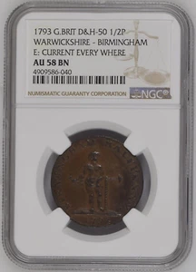 1793 GREAT BRITAIN D&H-50 1/2P WARWICKSHIRE BIRMINGHAM -NGC AU 58 BN - Picture 1 of 4