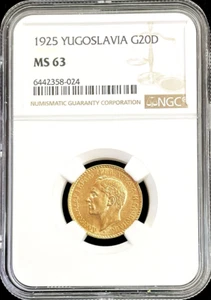 1925 GOLD YUGOSLAVIA 20 DINARA ALEXANDER I COIN NGC MINT STATE 63 - Picture 1 of 1