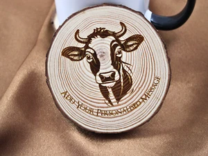 Round Personalised Handmade Cow Engraved Wood Slice Coaster - Picture 1 of 5