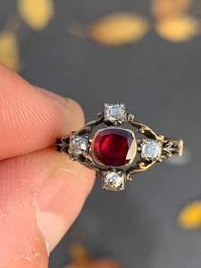 9ct gold diamond garnet domed back ring rare Georgian - Picture 1 of 8