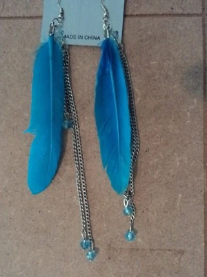 Ganchos y cadenas chapados en plata pendientes perforados plumas verde azulado y gotas azules Foto 1 de 4