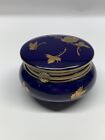 COBALT BLUE  ROUND TRINKET BOX W LID GOLD BUTERFLIES, Poppies AND LEAVES.