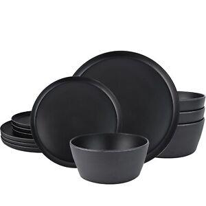 12-Piece Plastic Dinnerware Set Plates and Bowls Sets Service for 4 Matte Bla...