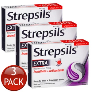3 x Strepsils Extra Blackcurrant 36 Lozenges Rapid Sore Throat Relief Treatment - Picture 1 of 12