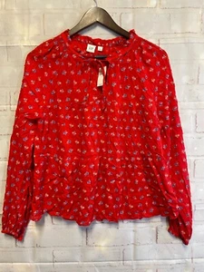 GAP Red Floral Embroidered Crinkle Blouse Women's Large-NWT List Price $59.95 - Picture 1 of 7
