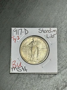 Impresionante moneda 1917 D Standing Liberty Quarter tipo 1 BU sin circular MS+ (16820) - Imagen 1 de 2