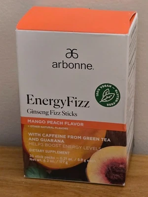 Arbonne Fizz Energy Sticks Mango Melocotón Sin Cafeína Nuevo 30 Palitos 2/27 Foto 1 de 2